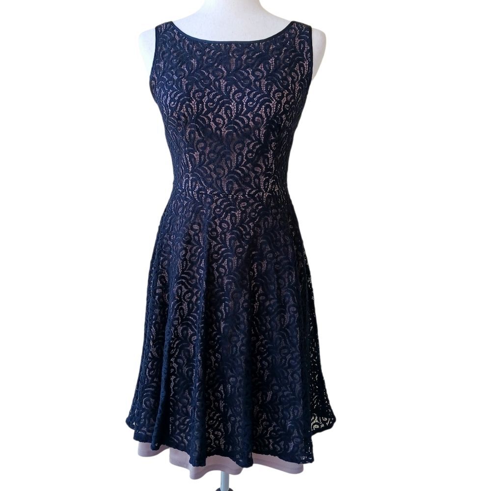 Lace Overlay Knee Length Date Night Dress Whimsigoth Balletcore Black Tan Size 6 - Picture 2 of 11